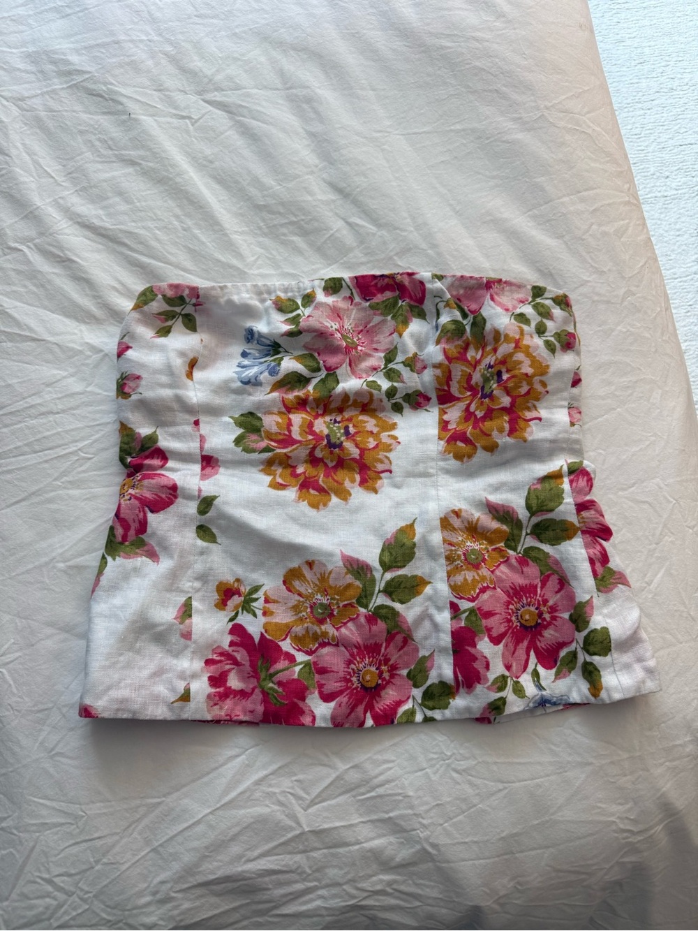Reformation Floral Strapless Top - White with Pink & Yellow Blooms